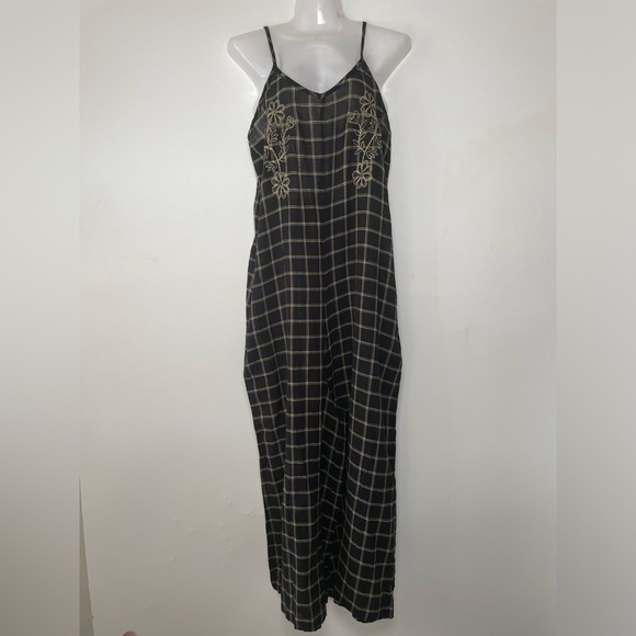 World Market Black Wide leg windowpane Embroidered Jumpsuit pockets Women sz XL - Picture 2 of 9